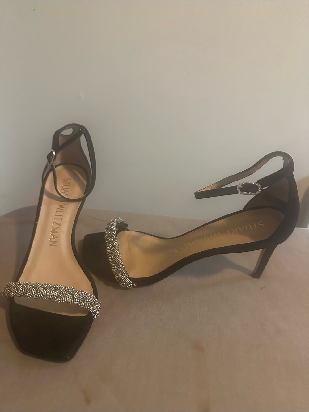 Stuart Weitzman Black Suede Crystal Braided Strap Heels